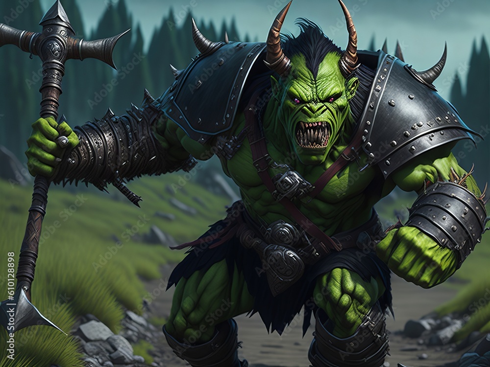 Close up of a savage orc brute heavily armored and running into battle wearing traditional gear and equipped with a flail weapon. Generative AI
Close up of a savage orc brute heavily armored and running into battle wearing traditional gear and equipped with a flail weapon. Generative AI