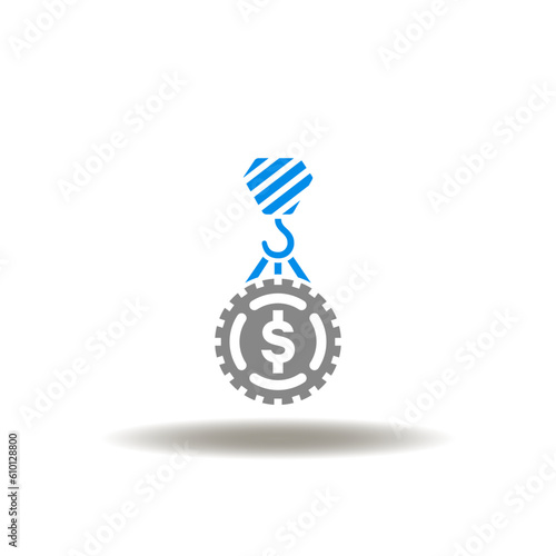 Vector illustration of hoisting crane holding coin. Icon of money management.