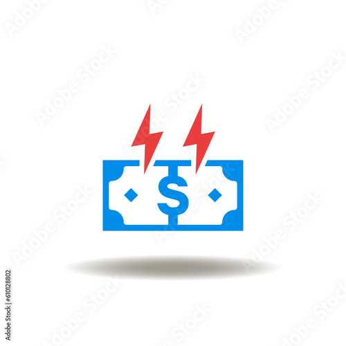 Vector illustration of dollar currency banknote with flash lightning. Icon of banking collapse. Symbol of inflation, recession.