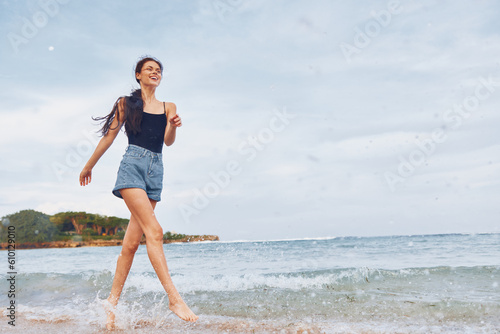 Photography woman summer running relax travel smile young beach lifestyle sunset sea