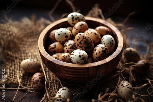 Fototapeta quail eggs in a wooden bowl. AI generated
