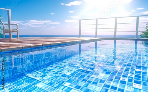 Swimming pool in a landscape  futuristic optics  sky-blue  sunlight shines through a clear swimming pool. Generative Ai.