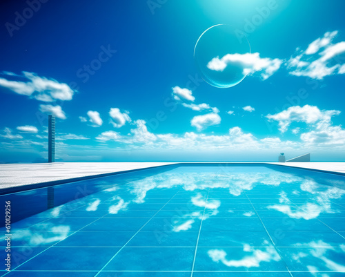 Swimming pool in a landscape  futuristic optics  sky-blue  sunlight shines through a clear swimming pool. Generative Ai.