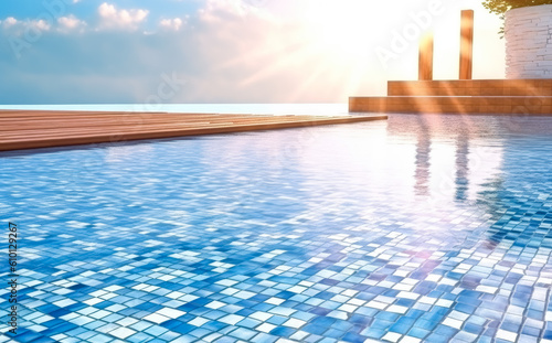 Swimming pool in a landscape  futuristic optics  sky-blue  sunlight shines through a clear swimming pool. Generative Ai.