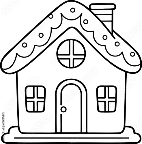 Gingerbread house vector illustration. Black and white outline Christmas Gingerbread coloring book or page for children