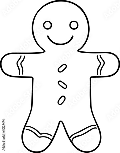 Gingerbread man vector illustration. Black and white outline Christmas Gingerbread coloring book or page for children photo