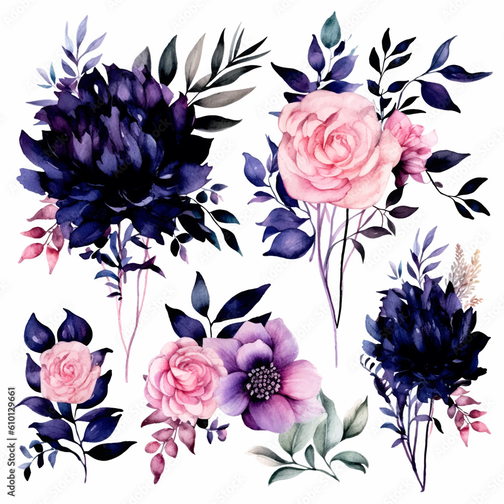 set of dark floral watercolor. flowers and leaves. Floral poster, invitation floral. Vector arrangements for greeting card or invitation design	