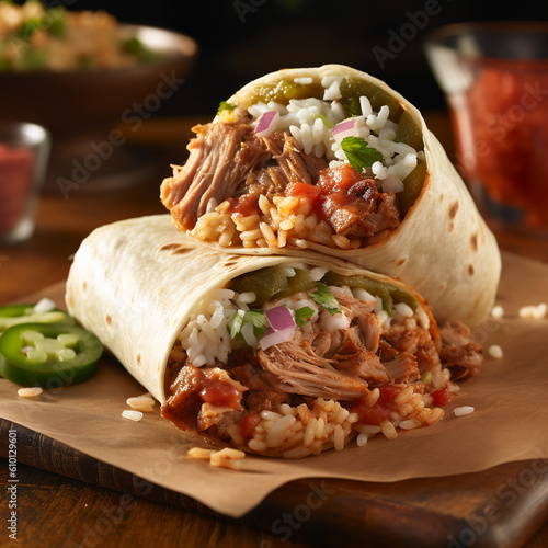 Savor a hearty and flavorful pork burrito filled with tender pork, seasoned beans, and fragrant Mexican rice, Generative AI photo