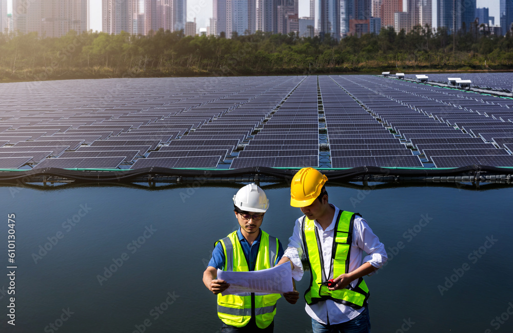 Engineer working setup Floating solar panels or solar cell Platform
