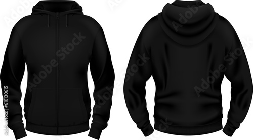 Template of blank black hoodie with pocket. Front and back views. Photo-realistic vector illustration.