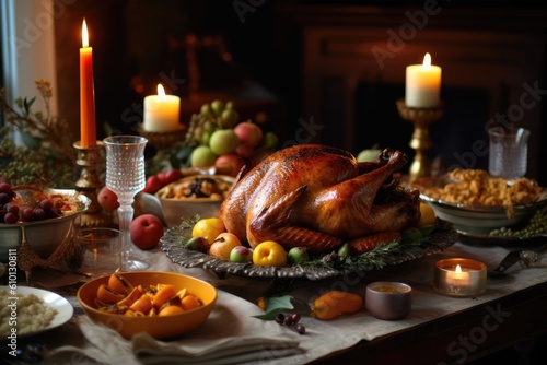 Roasted turkey on rustic table decorated with pumpkins, baked vegetables, pie, flowers and candles. AI generated