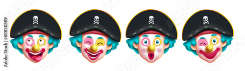 Clown pirate characters vector set design. Pirate clown costume for birthday and halloween party  celebration. Vector illustration buffoon mascot head character collection.