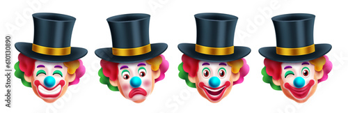 Clown magician character vector set design. Birthday magician and clown character with happy, smiling and funny collection. Vector illustration party comedian cartoon.