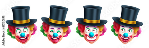 Magician clown characters vector set design. Clown and buffoon with magician hat costume and mascot collection. Vector illustration birthday and halloween comedian character.
