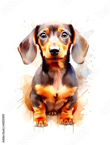 Watercolor cartoon illustration of a cute Dachshund puppy on white background. Generative AI.