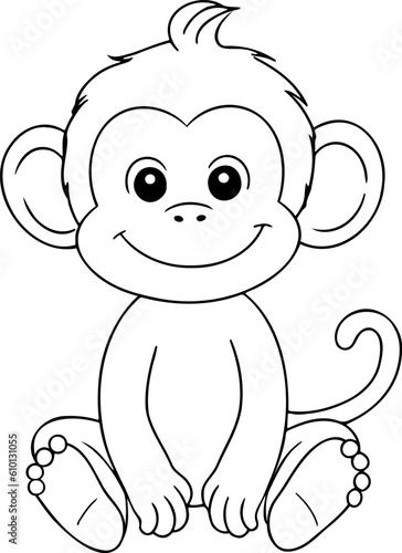 Monkey vector illustration. Black and white outline Monkey coloring book or page for children