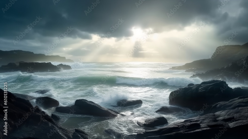 A seascape with cloudy and stormy weather. Generative AI. 