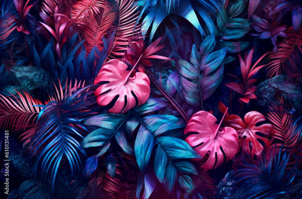 Neon tropical leaves, plants & flowers, in the style of dark magenta and light black, collage-like elements, dark teal and light red. Generative Ai. Neon tropical leaves, plants & flowers, in the style of dark magenta and light black, collage-like elements, dark teal and light red. Generative Ai.