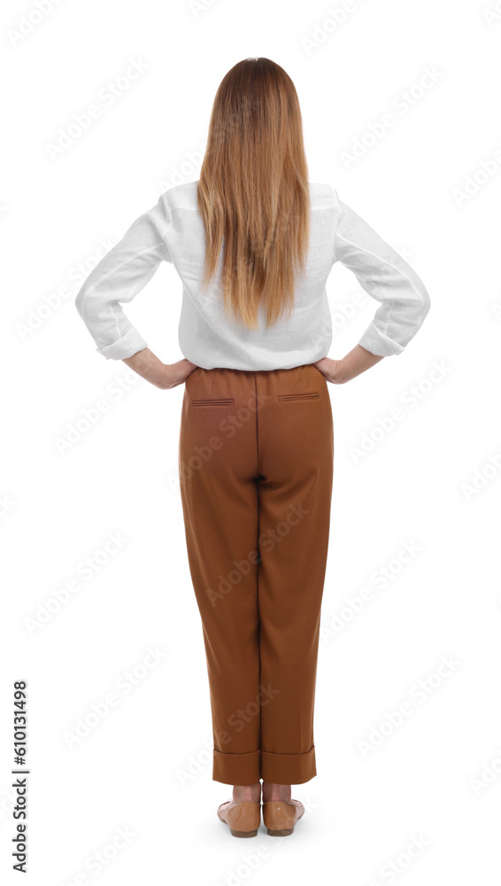 Businesswoman standing on white background, back view Businesswoman standing on white background, back view