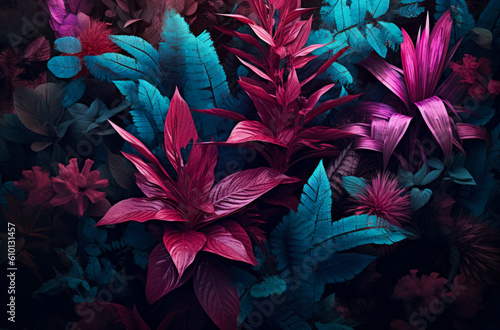 Neon tropical leaves, plants & flowers, in the style of dark magenta and light black, collage-like elements, dark teal and light red. Generative Ai.