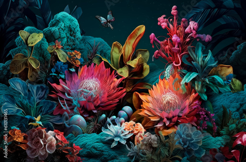 Neon tropical leaves, plants & flowers, in the style of dark magenta and light black, collage-like elements, dark teal and light red. Generative Ai. © Saulo Collado