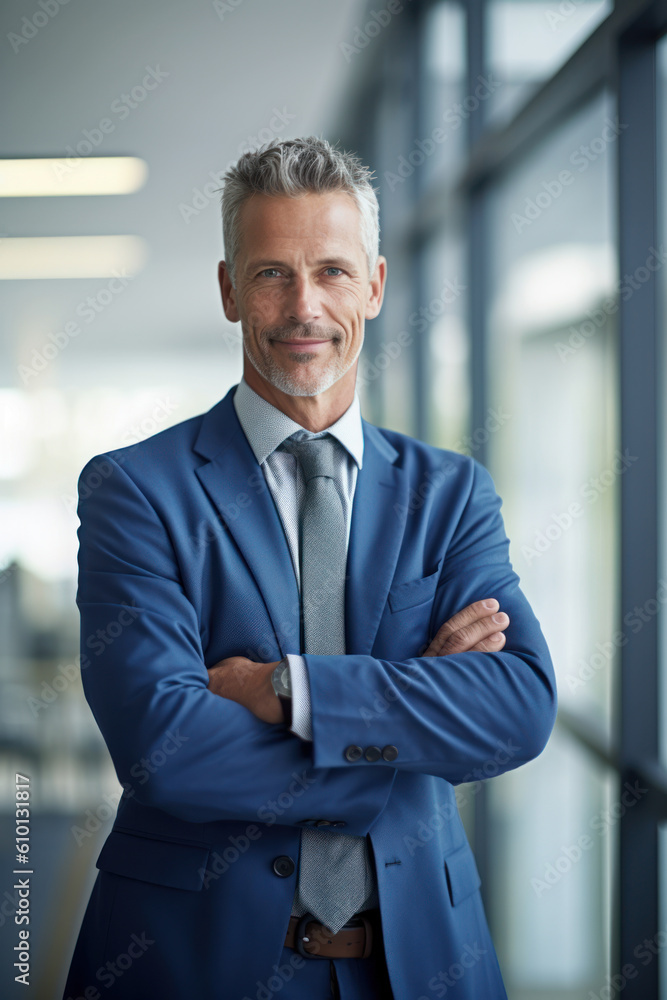Happy middle aged business man ceo standing in office arms crossed. .AI Generative Happy middle aged business man ceo standing in office arms crossed. .AI Generative