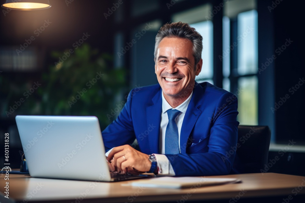 Happy smiling middle aged professional business man company executive ceo manager wearing blue suit sitting at desk in office working on laptop computer laughing at workplace. Portrait. AI Generative Happy smiling middle aged professional business man company executive ceo manager wearing blue suit sitting at desk in office working on laptop computer laughing at workplace. Portrait. AI Generative