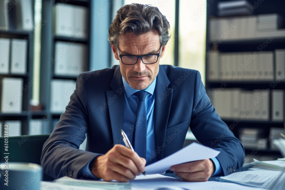 Portrait of successful mature financier, senior businessman with beard and glasses looking at camera, man working inside office on paper work, investor satisfied with result. AI Generative Portrait of successful mature financier, senior businessman with beard and glasses looking at camera, man working inside office on paper work, investor satisfied with result. AI Generative