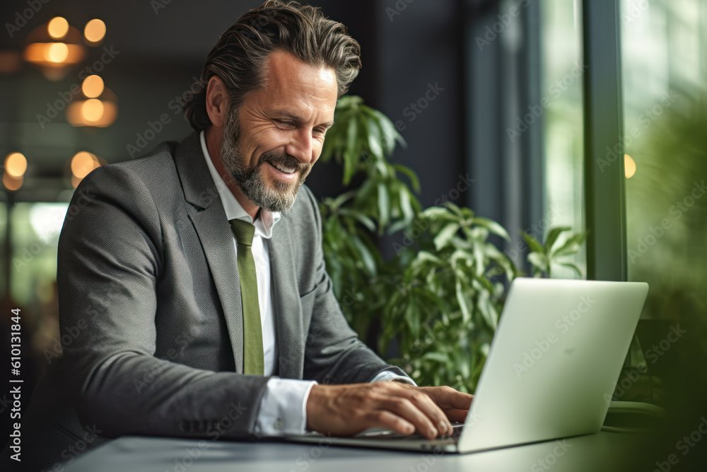 Handsome mature man in suit sitting at the table in home office and working at laptop. AI Generative Handsome mature man in suit sitting at the table in home office and working at laptop. AI Generative