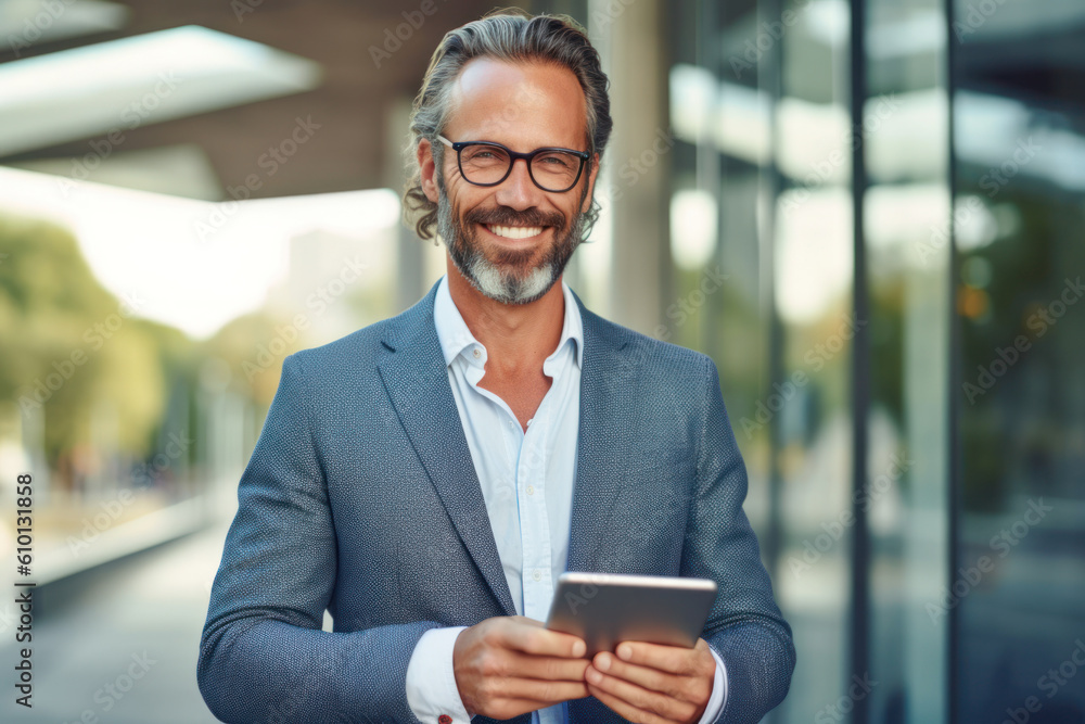 Portrait of a mature businessman using a digital tablet outside. AI Generative Portrait of a mature businessman using a digital tablet outside. AI Generative