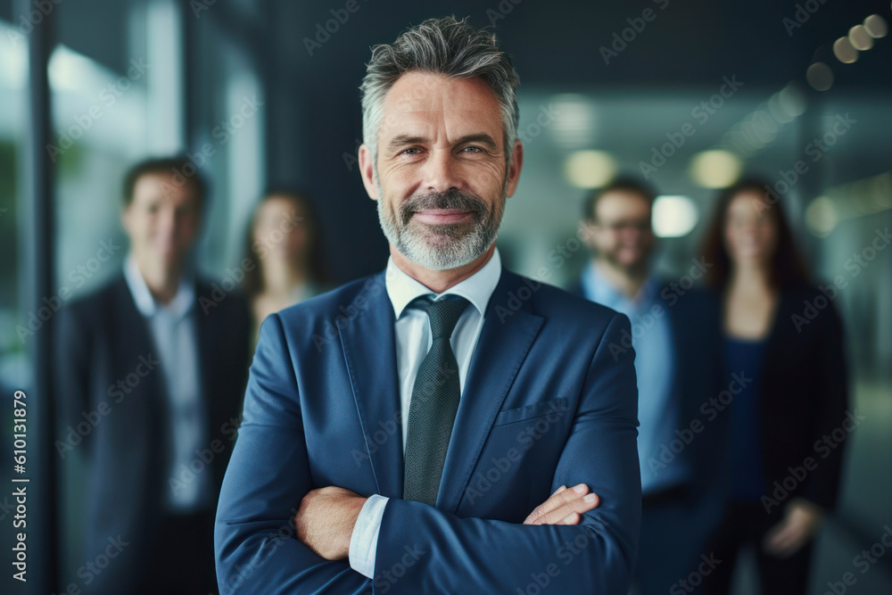 Happy middle aged business man ceo standing in office arms crossed. .AI Generative Happy middle aged business man ceo standing in office arms crossed. .AI Generative