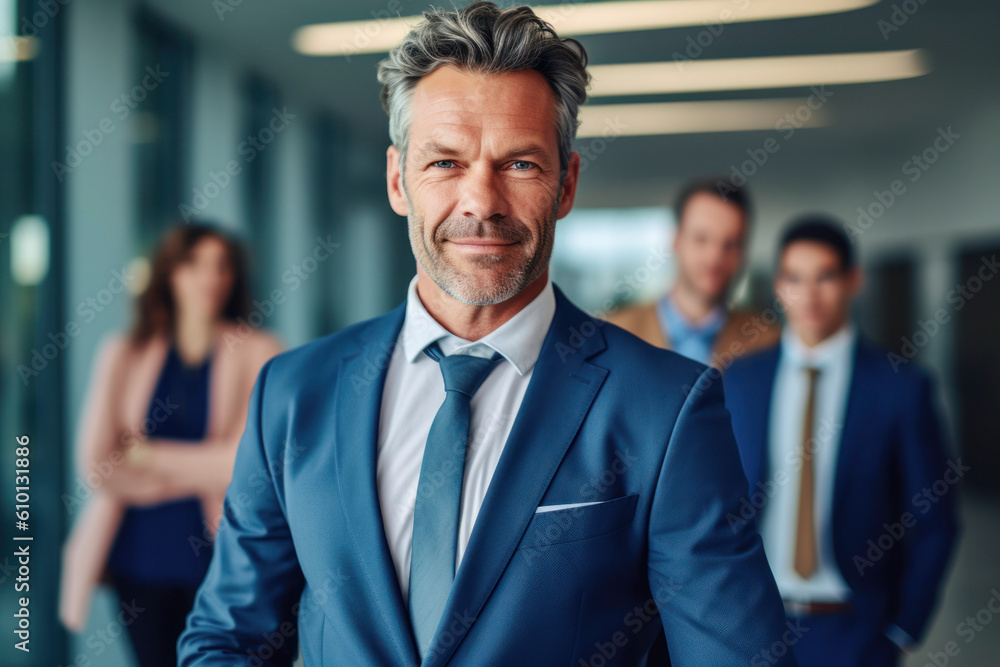 Happy middle aged business man ceo standing in office. Smiling mature confident professional executive manager, proud lawyer, confident businessman leader wearing blue suit, portrait.AI Generative