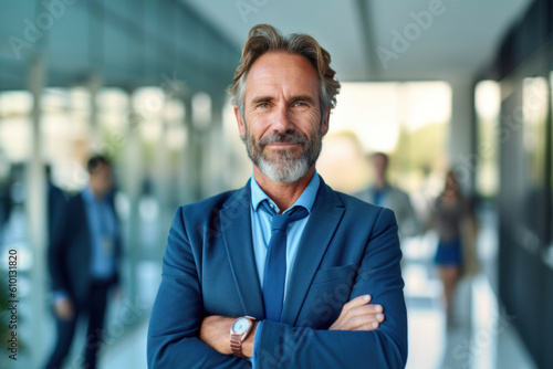 Happy middle aged business man ceo standing in office arms crossed. .AI Generative