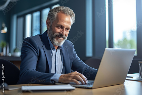 Handsome mature man in suit sitting at the table in home office and working at laptop. AI Generative