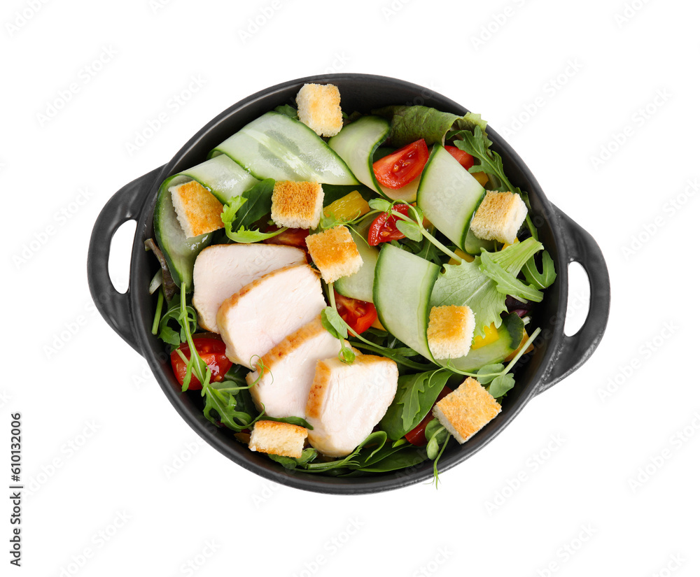 Delicious salad with croutons, chicken and vegetables isolated on white, top view Delicious salad with croutons, chicken and vegetables isolated on white, top view