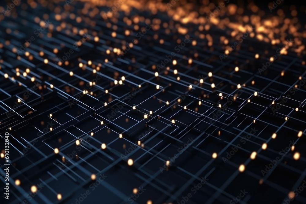 Abstract connected dots on a dark background. Big data digital code, data transmission. Futuristic concept of information technology. AI generated Abstract connected dots on a dark background. Big data digital code, data transmission. Futuristic concept of information technology. AI generated