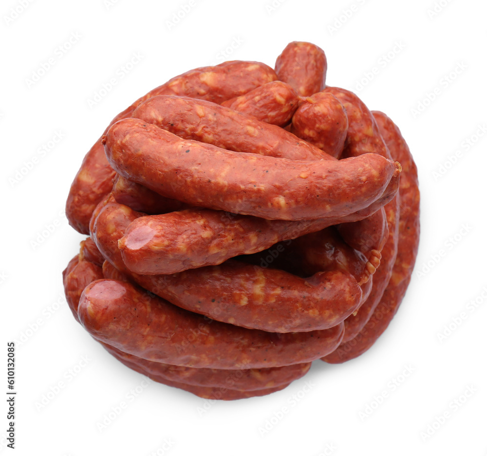 Many fresh raw sausages isolated on white, top view. Meat product Many fresh raw sausages isolated on white, top view. Meat product