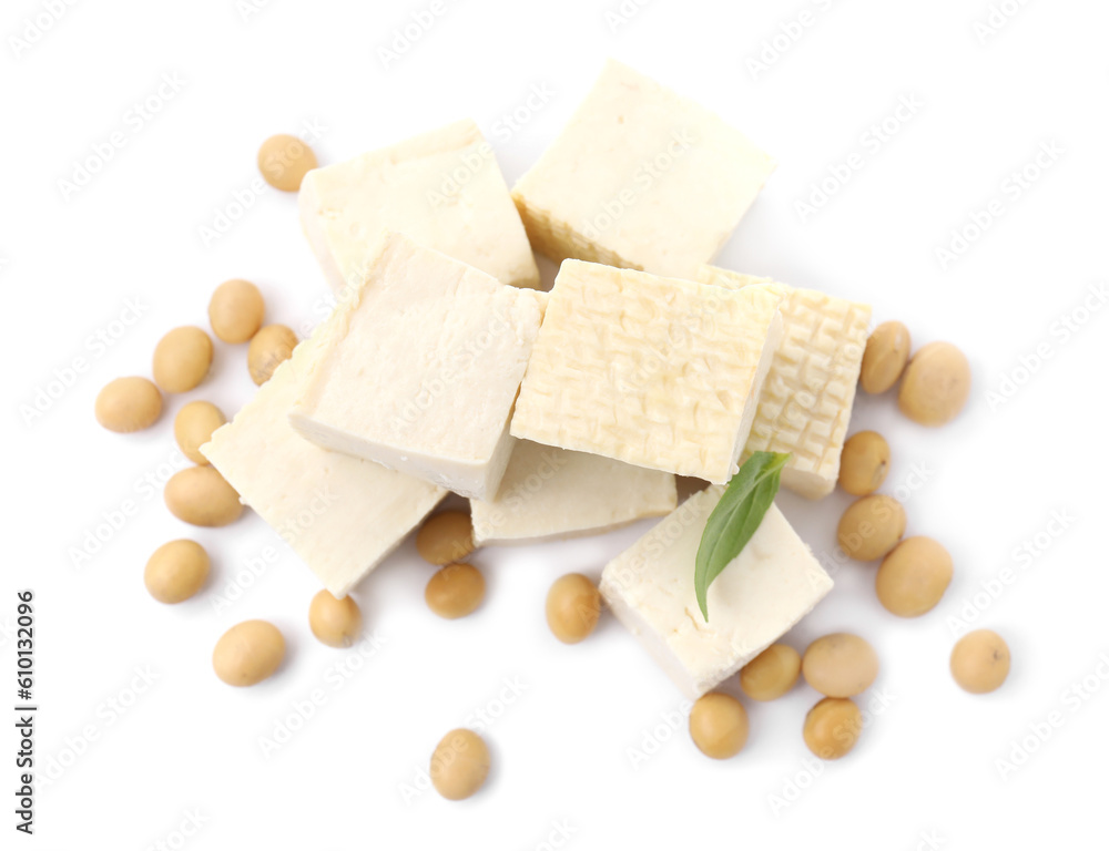 Delicious tofu cheese, basil and soybeans isolated on white, top view