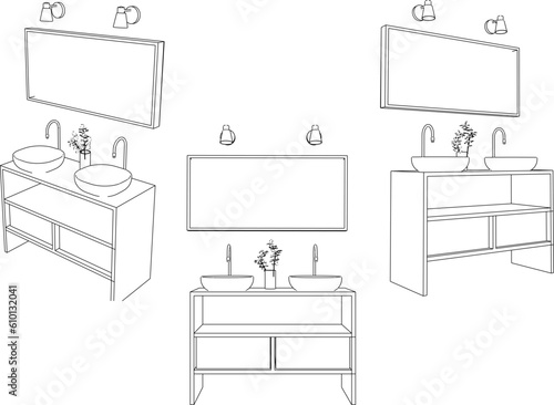 Vector illustration cartoon sketch of wooden vanity sink with mirror