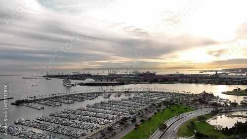 Shoreline Marina. Long beach california. Aerial view of Long Beach skyline. Top view from drone of long beach CA. Long Beach harbor with a boat. photo