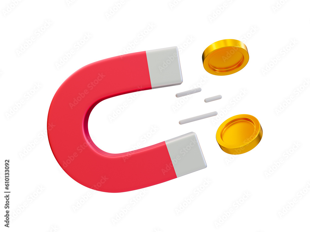 Fototapeta premium 3d minimal make money online. earning money concept. magnet sucking coins. 3d illustration.
