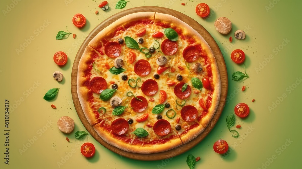 Pizza with Multiple topping with Olive Jalapeno Tomato Garden veggie pepperoni pizza from the top view with green background