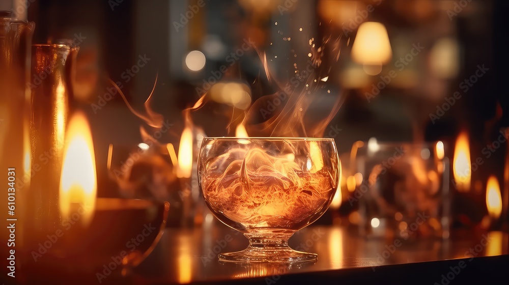 High fashioned bar counter with glass of whiskey and candle in the background High fashioned bar counter with glass of whiskey and candle in the background