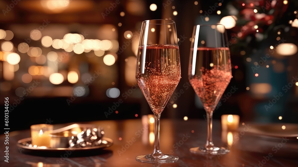 Romantic dinner night with two rose champagne glasses for celebration at high-fashion dinning Romantic dinner night with two rose champagne glasses for celebration at high-fashion dinning