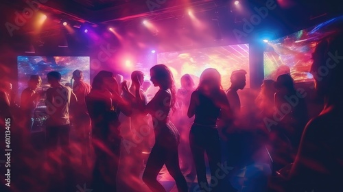 Girls are enjoying at night, Young people are having fun dancing at party, Young people dancing in night club © AIPERA