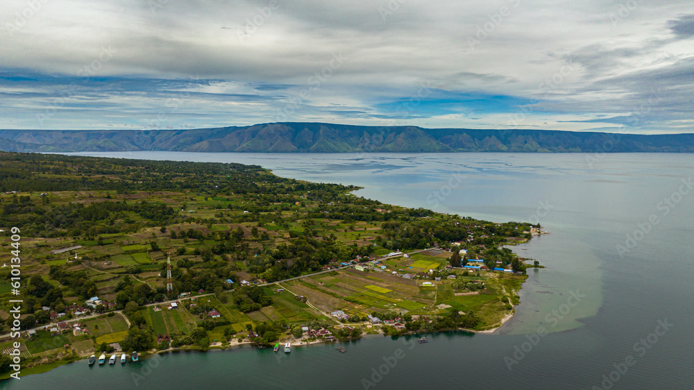 Top view of Lake Toba on the island of Sumatra in Indonesia, is the largest volcanic lake in the world. Samosir island.