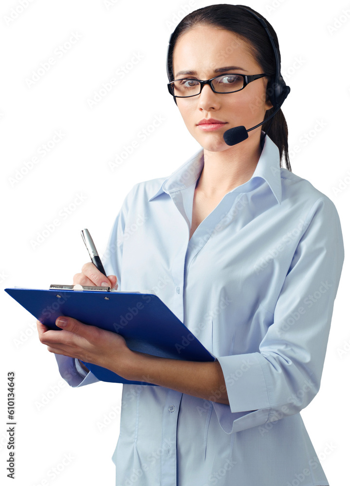 Close-up portrait of young businesswoman with headphones isolated on white background