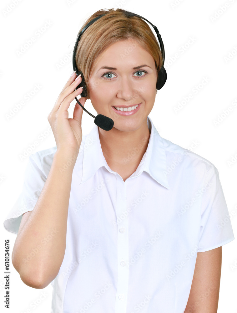 A customer service representative wearing a headset A customer service representative wearing a headset