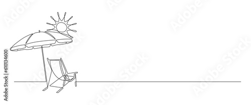 Beach umbrella and chair in one continuous line drawing. Concept of holiday summer and vacation in paradise island and sea in simple linear style. Editable stroke. Doodle vector illustration