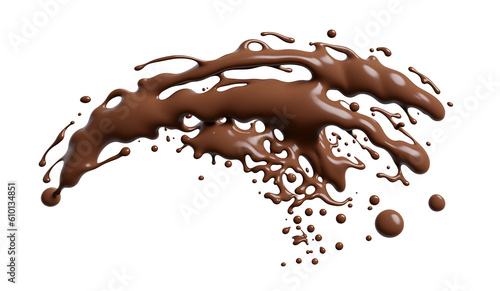 A generative AI image of melted chocolate flying dynamically in midair; Gooey airborne blobs of liquid chocolate